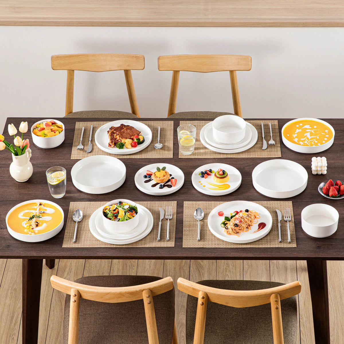 MALACASA 12/16/18/24 Piece Dinner Plates Sets Black Rim Half Standing Edge Dinnerware with 4/6PCS Dinner Plate/Dessert/Soup/Bowl