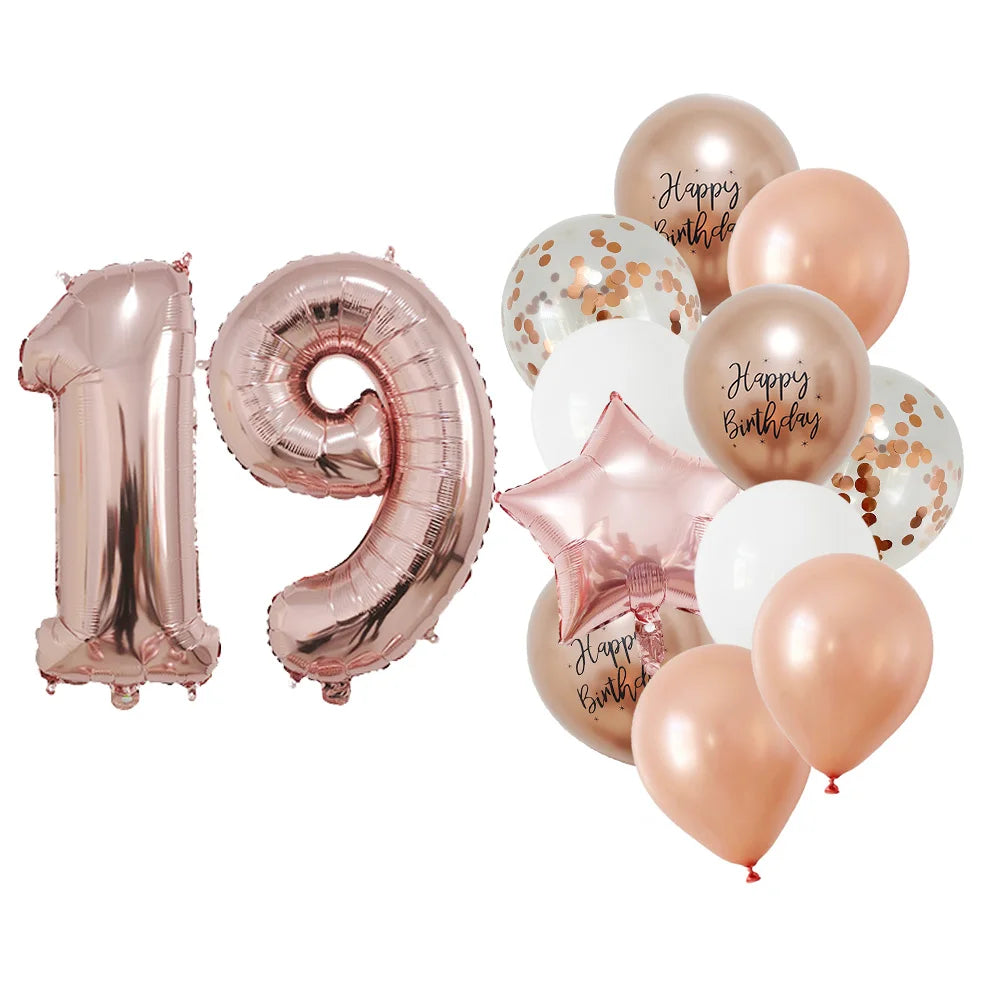 13 Pcs Rose Gold Mixed Balloons 32 Inch Foil Number Ball 10 11 12 13 14 15 Years Old Girls Birthday Party Decorations Supplies