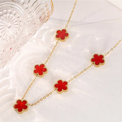 14K Gold Plated Stainless Steel Necklace Woman Five Leaf Petals Double