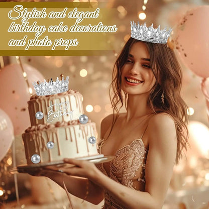 8 Pcs Silver Queen Crown Birthday Cake Topper for Women Rhinestone Crystal Tiara Wedding Happy Birthday Cake Decoration Foam