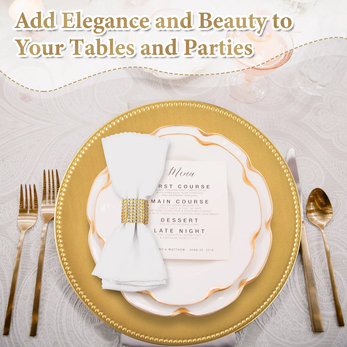 Gold Charger Plates Set of 50 Bulk 13 Inch Round Heavy Duty Reusable Plastic Dinner Chargers with Matching Napkin Ring Holders, Elegant Beaded Decorative Table Setting Serveware for Wedding Reception Christmas Party Holiday B