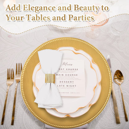 Gold Charger Plates Set of 50 Bulk 13 Inch Round Heavy Duty Reusable Plastic Dinner Chargers with Matching Napkin Ring Holders, Elegant Beaded Decorative Table Setting Serveware for Wedding Reception Christmas Party Holiday B