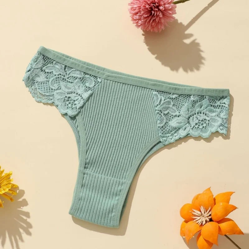 5Pcs/Set Women Cotton Panties Floral Lace Side Panel Low Rise Rib Briefs Low Cut Underwear Comfort Sexy Lingerie Daily Bikini
