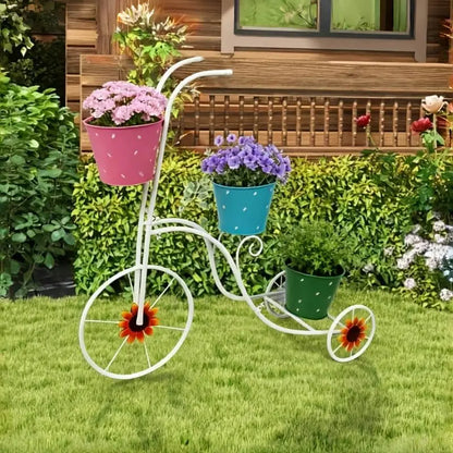 Tricycle Planter Stand with 3 Plant Bucket, White Metal Tricycle Planter, 3 Tier Floral Flower Plant Stand Holder Hand Painted Outdoor Garden Patio Decor