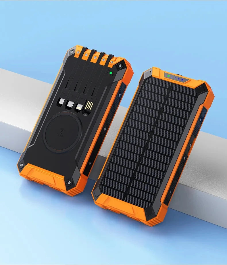 50000mAh Solar Power Bank Fast Charging Portable Charger with Built-in Cables Wireless Outdoor Battery Pack