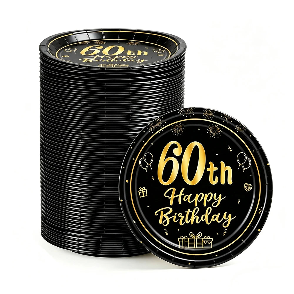 8-40pcs Men Women Adult 18th 30th 40th 50th 60th Birthday Party Decoration Supplies Black Gold Disposable 7/9inch Paper Plates