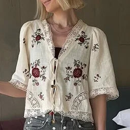 Floral Embroidered Linen-Blend Kimono Half-Sleeve Shirt & Lace Trim Shorts 2-Piece Set 2026 Summer Casual Women Office Outfit