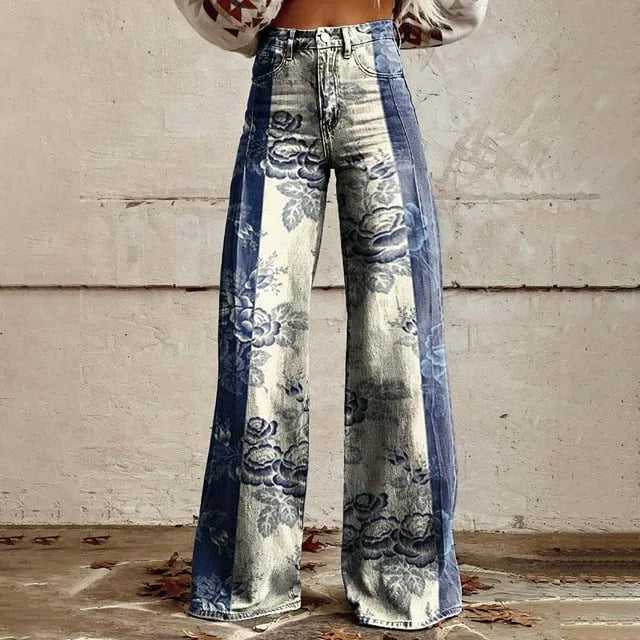 Women's 3D Printed Flare Jeans-Polyester Wide Leg Pants with Distressed Vintage Look, High Waist Comfort Fit for Street Fashion