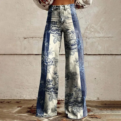 Women's 3D Printed Flare Jeans-Polyester Wide Leg Pants with Distressed Vintage Look, High Waist Comfort Fit for Street Fashion