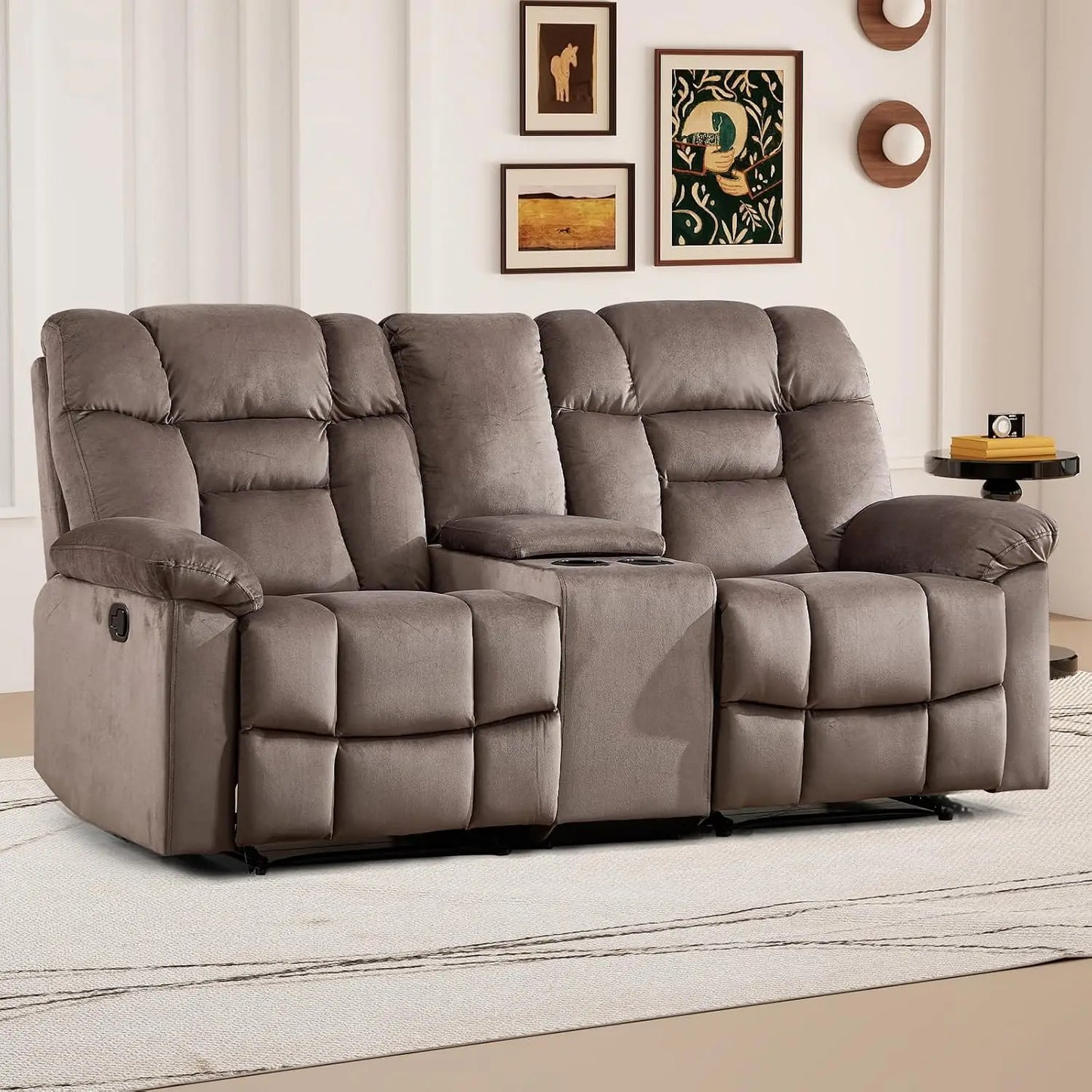 Fabric Recliner Manual Loveseat Couch for Living Room, 2 Seater Reclining Sofa Chair with Storage and Cup Holders,, Custom