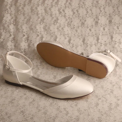 Customized Heel Ivory Satin Flat Bridal Wedding Shoes Rubber Sole Closed Toe Dance Shoes Flat with Ankle Strap