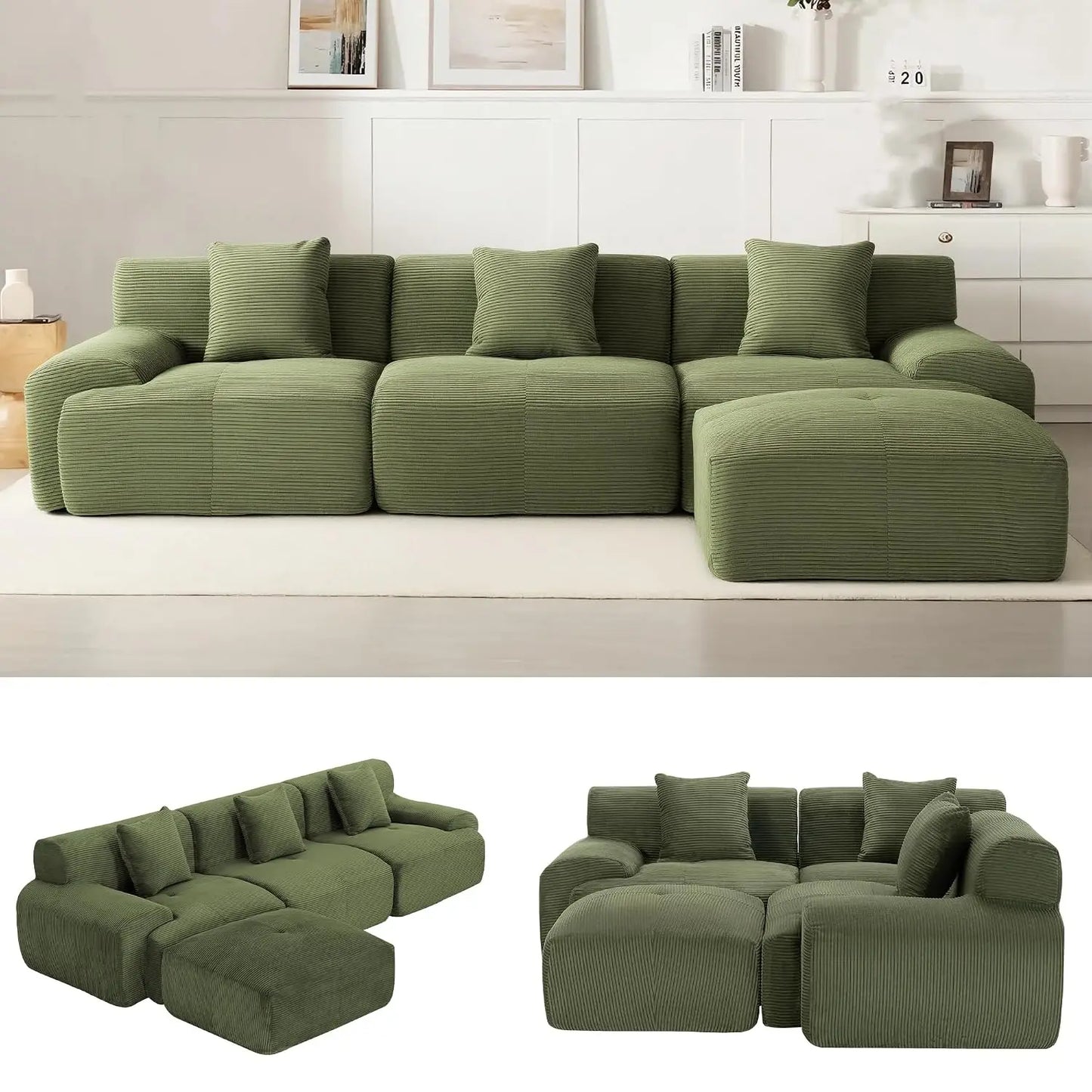 107" Cloud Modular Sectional Couch,Boneless Sofa with Ottman,L-Shape Upholstered Sofas with Deep Seat,Modern Cozy, Custom