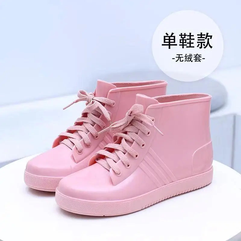 Fashion Lace Up Rainshoes Womens Light Blue Rain Boots Woman Oxfords Style Water Shoes Girls PVC Ankle Rainboots Green Galoshes