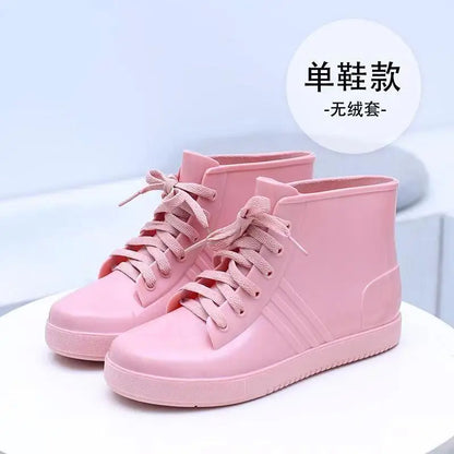 Fashion Lace Up Rainshoes Womens Light Blue Rain Boots Woman Oxfords Style Water Shoes Girls PVC Ankle Rainboots Green Galoshes