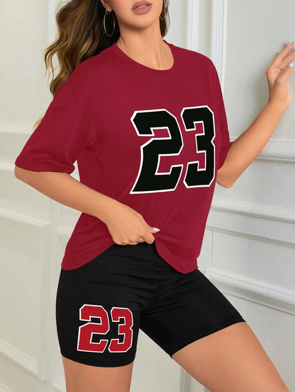 Women's Summer Set Number 23 Print Casual Shorts Set Sports Women's Shirt Shorts 2 Piece Street Wear Set Womens Summer Clothes