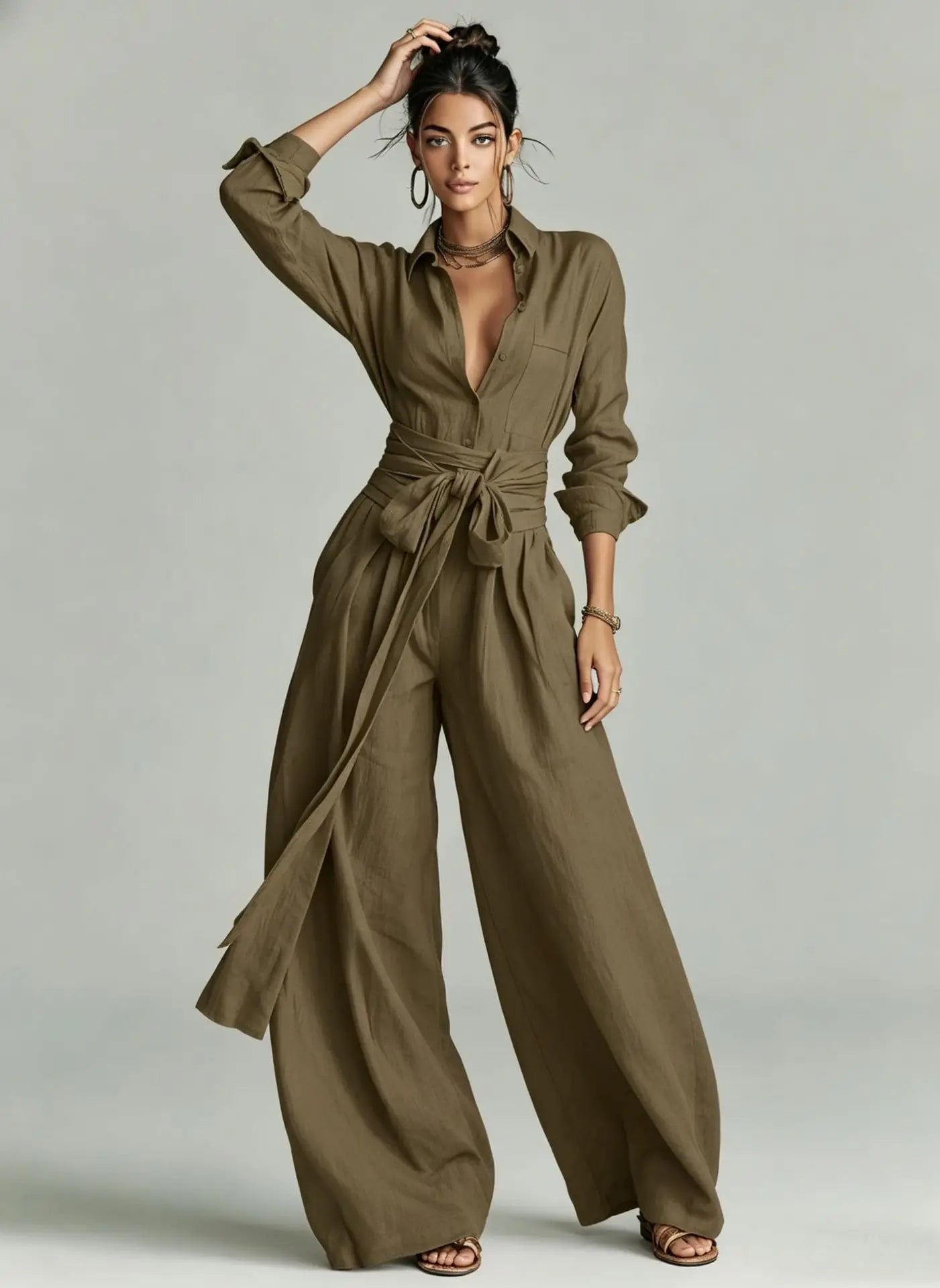 Temperament Female Two Piece Set Summer Fashion Lapel Strap Design Wide Leg Pants Suit With Pocket Lady High Waist Office Outfit