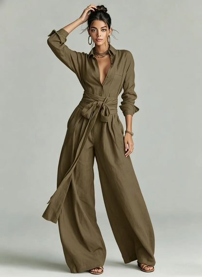Temperament Female Two Piece Set Summer Fashion Lapel Strap Design Wide Leg Pants Suit With Pocket Lady High Waist Office Outfit