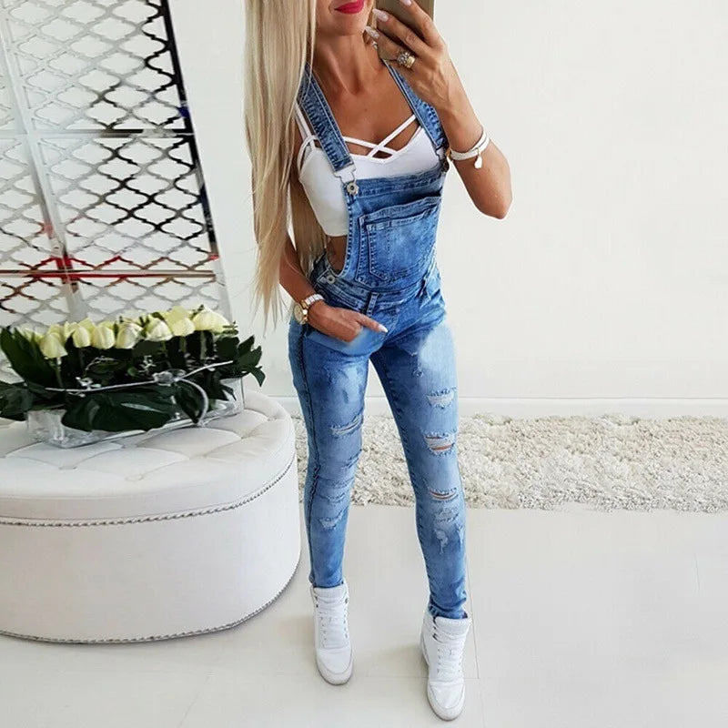 Europe and The United States Fashion Y Word Broadband Sexy Suspenders Pants Women Four Seasons New Washed Ripped Denim Jumpsuit