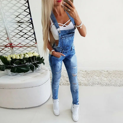 Europe and The United States Fashion Y Word Broadband Sexy Suspenders Pants Women Four Seasons New Washed Ripped Denim Jumpsuit