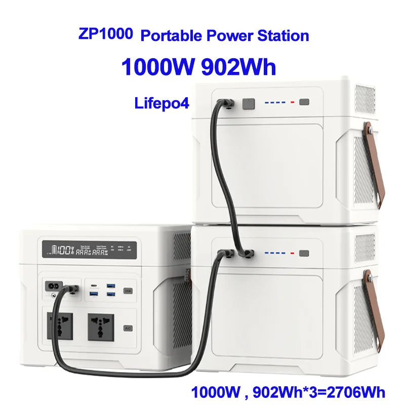 Lifepo4 Battery Solar Generator 1000W 902WH 1804WH 2706WH Portable Power Station 220V 12V Output for Emergency Power Supply