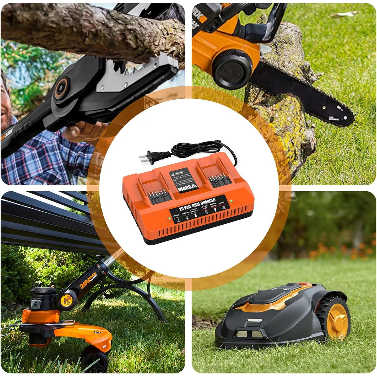 Powilling 2Port WA3875 Fast Charger for Worx 20v Battery WA3525, WA3520, WA3575, WA357