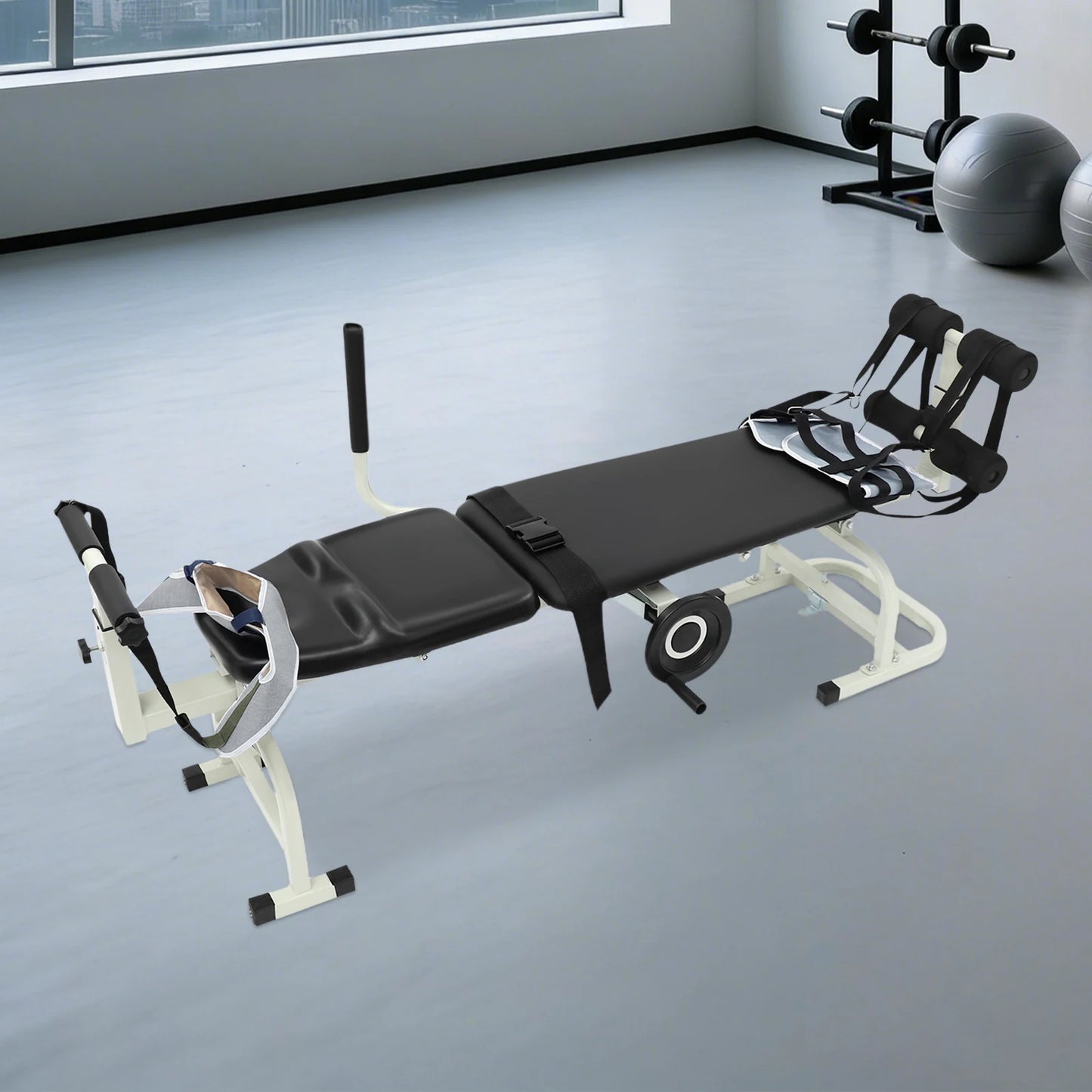 59.06-74.8in Long Back Stretch Bench,Adjustable Multifunctional Neck Stretcher Cervical Stretch Device, Handwheel Control Cervical Lumbar Traction Bed for Wellness Centers