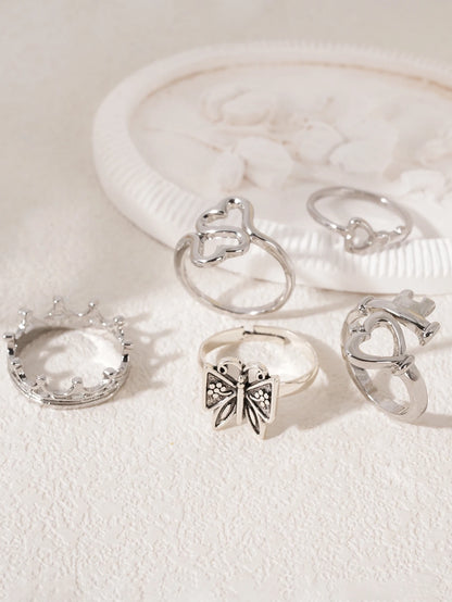 Heart Butterfly Ring Set Crown Heart-Shaped Designs Stackable Vintage Jewelry for Women, Boho Punk Fashion Accessory