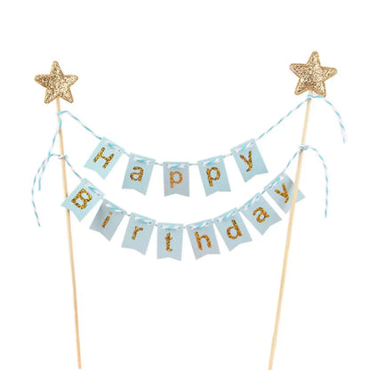Happy Birthday Cake Flags DIY Gold Stars Bunting Banner Kids Adults Baking Decoration Baby Shower Party Supplies