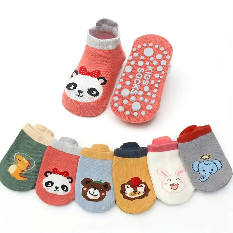 6 pairs of boys and girls' anti slip socks with cute cartoon animal patterns, comfortable and breathable baby floor socks
