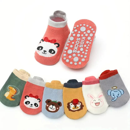 6 pairs of boys and girls' anti slip socks with cute cartoon animal patterns, comfortable and breathable baby floor socks