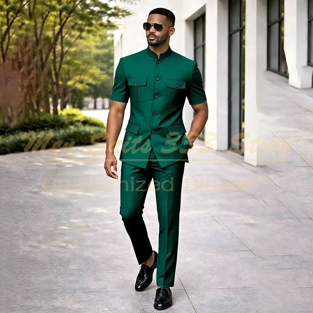 Summer Safari Men's Suits Fashion Regular Fit Short Sleeve Blazer Elegant Luxury Single Breasted 2 Piece Jacket Pants Outfits