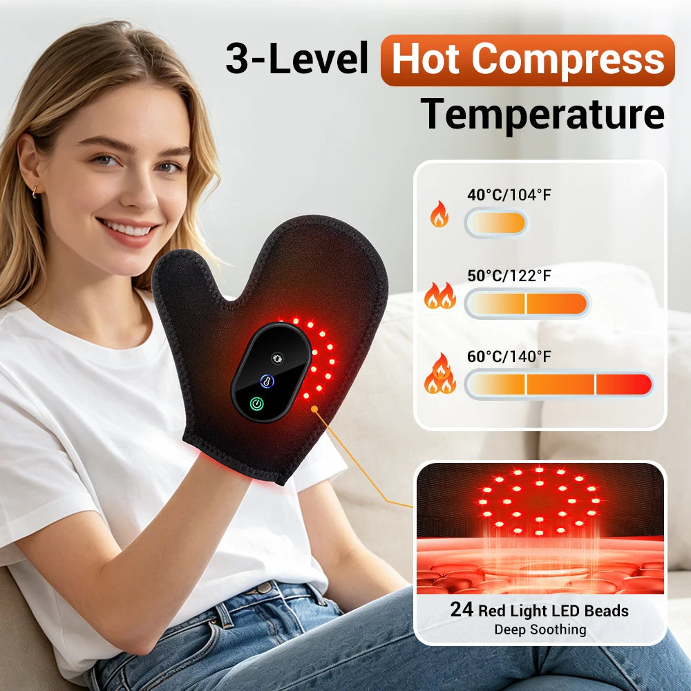 Portable Electric Red LED Light Hand Massager with Heat Compression Cordless Glove Massage Fingers Palm Full Wrapped Relaxation