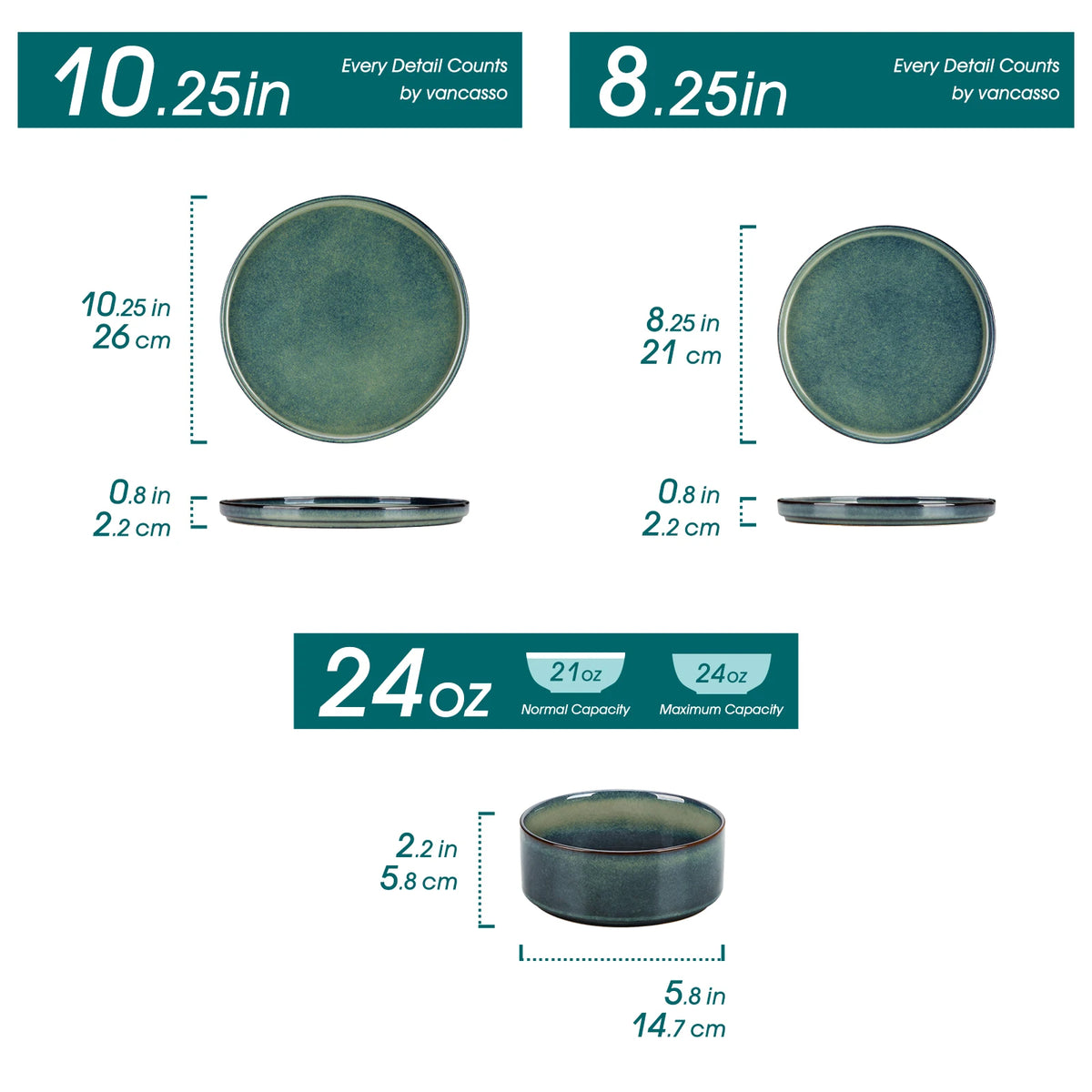 Vancasso 12/24/36 Piece Dinner Set Black Green Reactive Glaze Vertical Edge Dinnerware Set with 4 PCS Dinner Plate/Dessert/Bowl