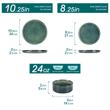 Vancasso 12/24/36 Piece Dinner Set Black Green Reactive Glaze Vertical Edge Dinnerware Set with 4 PCS Dinner Plate/Dessert/Bowl