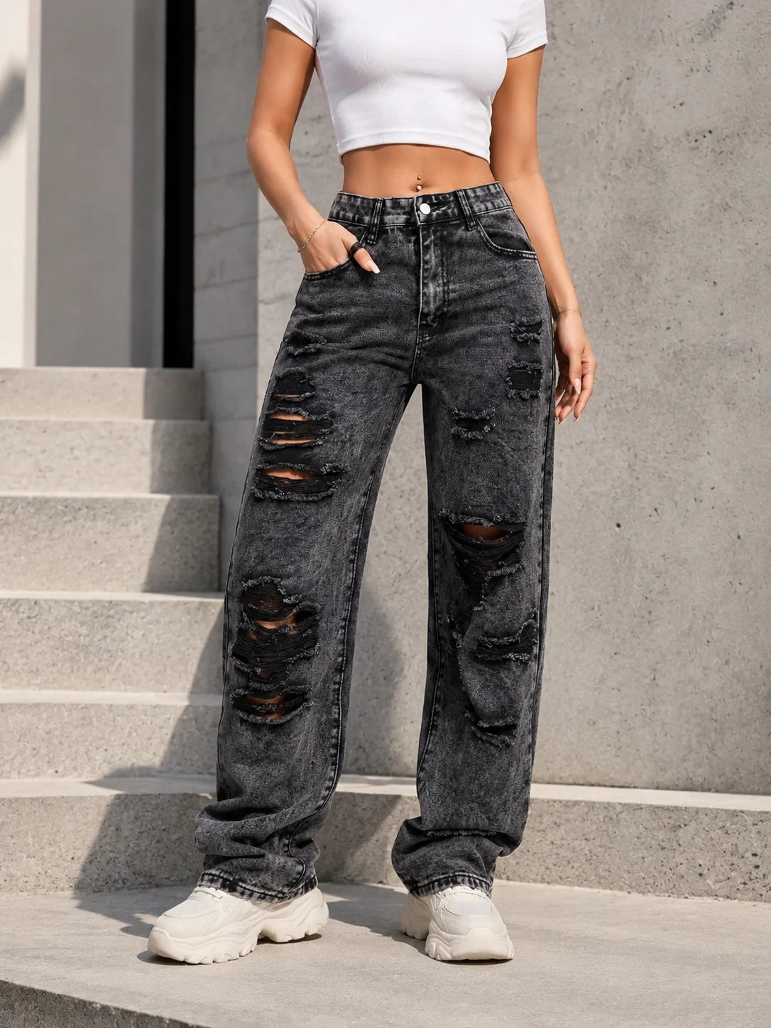 Y2K Rave Vintage High Waist Side Pocket Slit Straight Leg Jeans Casual Spring