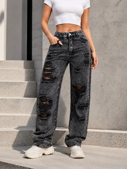 Y2K Rave Vintage High Waist Side Pocket Slit Straight Leg Jeans Casual Spring