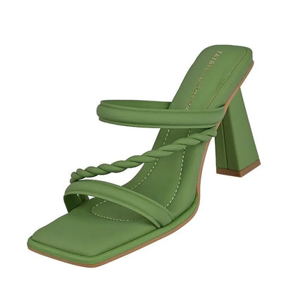 Fashionable One-piece Slippers for Women in Summer, Square Heel High Heels, 2025 New Square Toe Style Cool Slippers