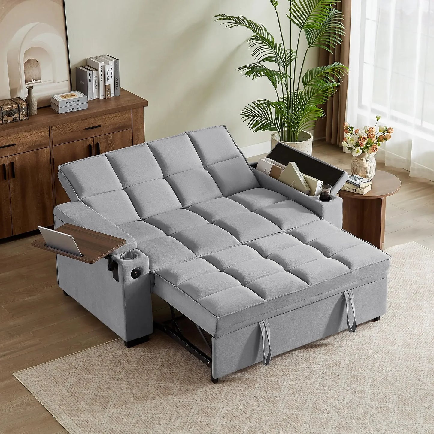 hansones 65'' 3-in-1 Folding Convertible Sofa Bed, Pullout Sofa, Modern Chenille Fabric, 360° Swivel Side Table, Easy Assembly,