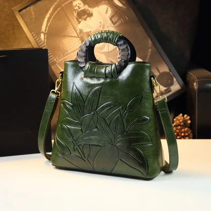 2024 New Women's Retro Oil Wax Leather Large Capacity Single Shoulder Bag Handbag Middle-Aged Ladies Bag Fashion Versatile