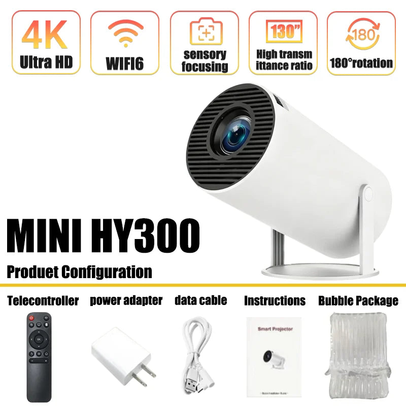 HY300 Smart Mini Projector Wireless Bluetooth Android11.0Support1080P 4kDual Wireless Bluetooth5.4Indoor portable projector