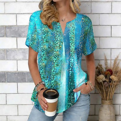 Women Print Notched V Neck Short Sleeve Casual Loose Tunic Tops