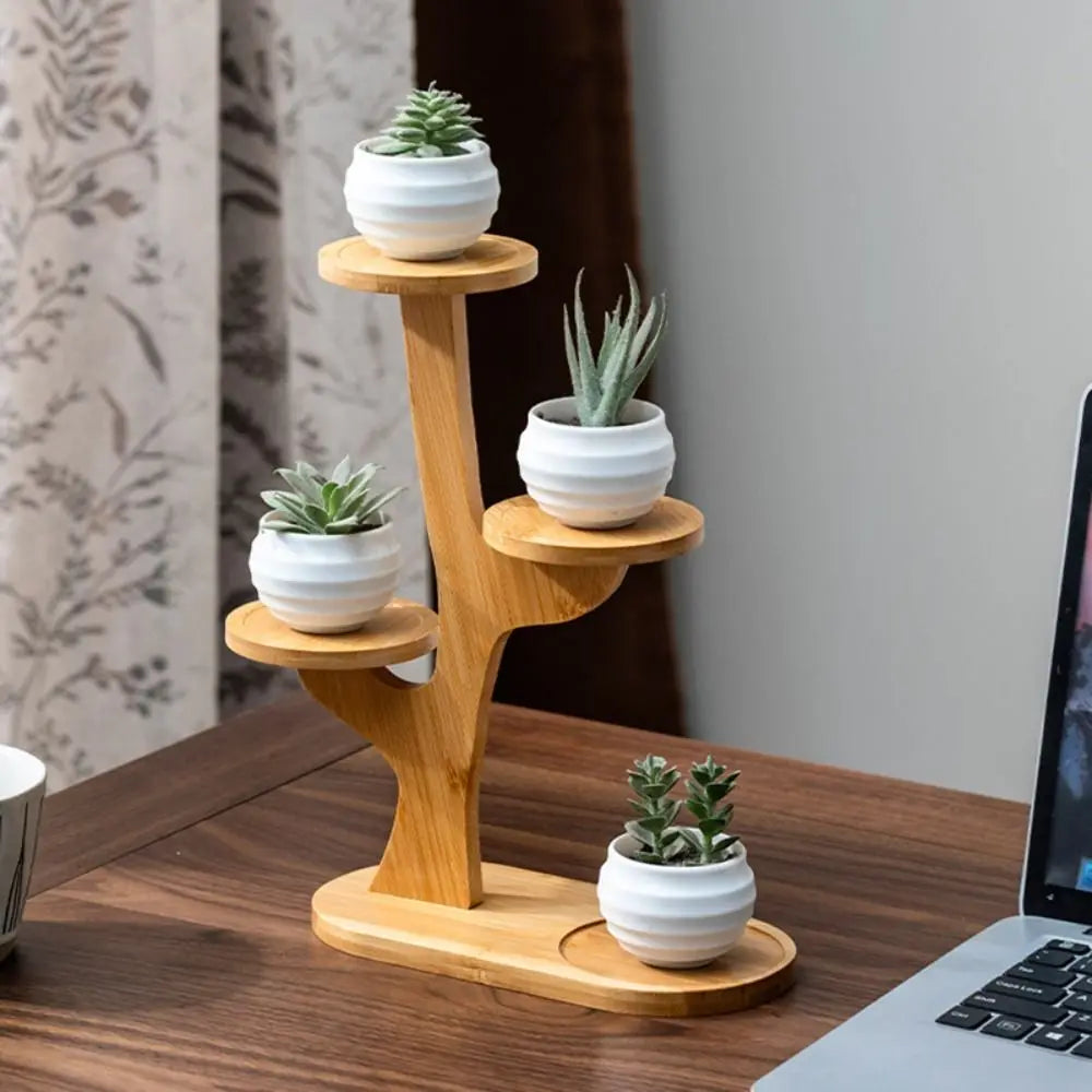 1pc Stable Bamboo Plant Stand Tree-Shaped Multi-Tier Flower Pot Holder Desktop Decor Flowerpot Tray Home Office