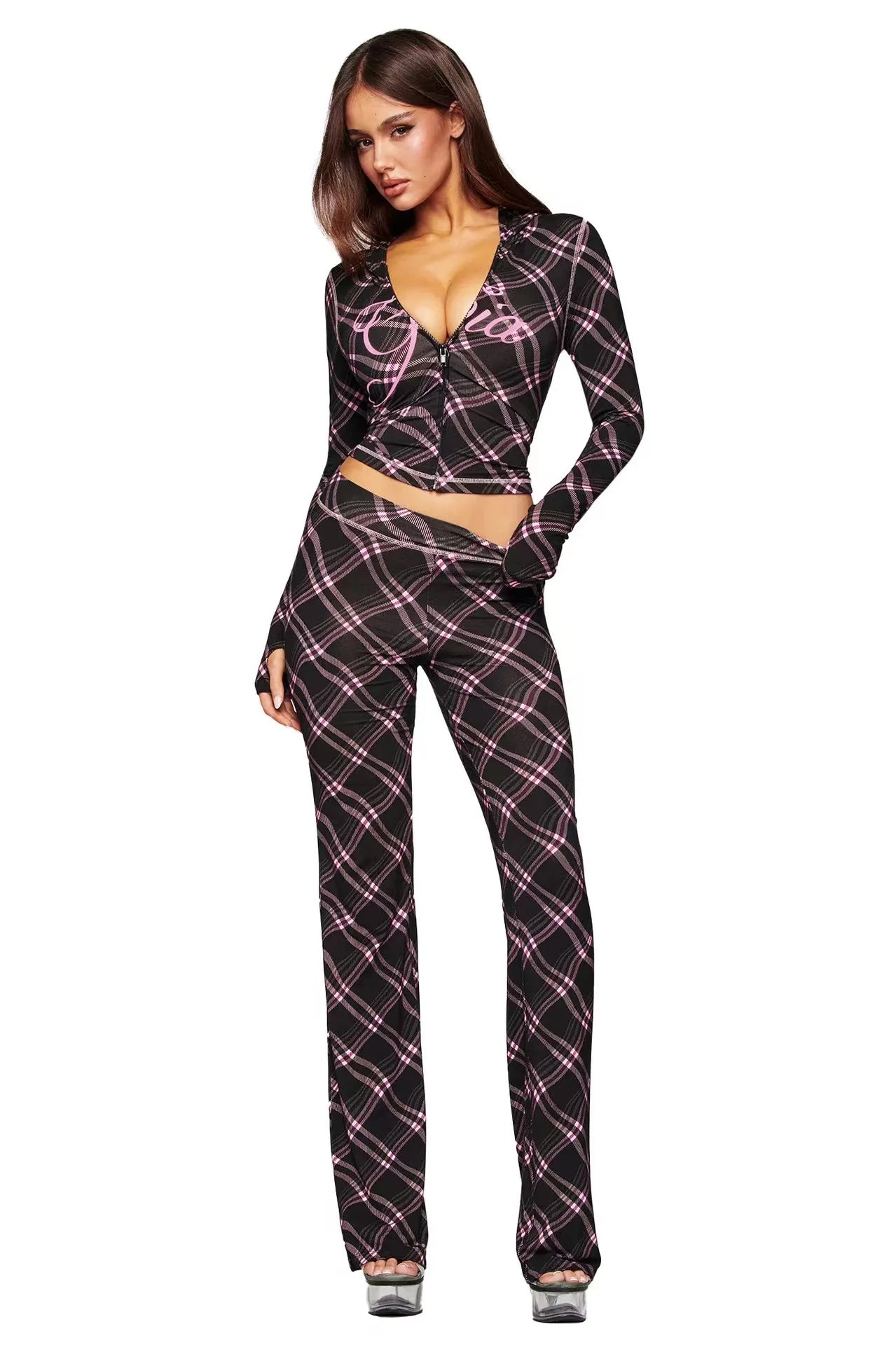 GIA Front Shoulder Slim Fit Jacket Pants Set with Letter Print Design Hooded Zipper Snake Pattern Short Fit Streetwear