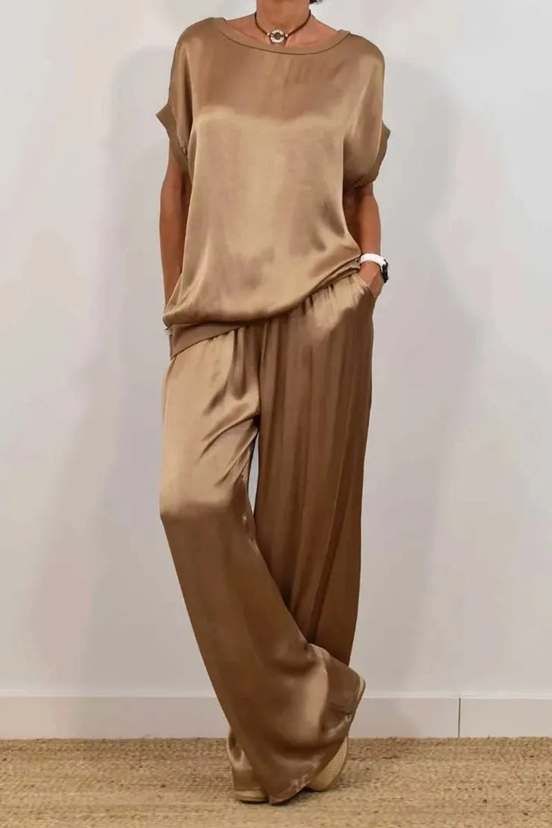 Simple Satin Women's Suits Summer Fashion Short sleeve Loose Blouse Wide Leg Pants Two Piece Set For Women Casual Outfits