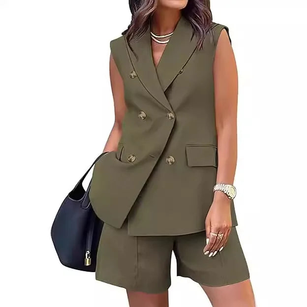 Spring Summer Women Office Shorts Suit Set Solid Khaki Sleeveless Halter Outfit 2 Piece Matching Sets For Women 2025