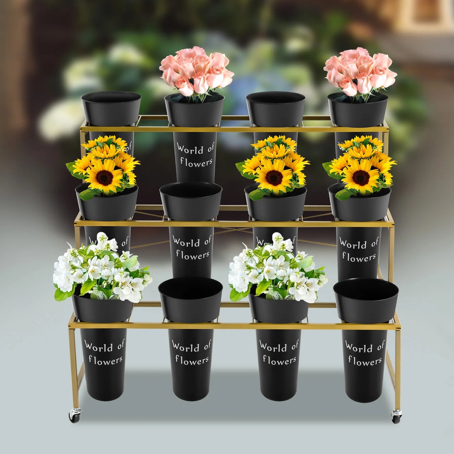 3-Layer Metal Flower Display Stand with 12 Round Buckets, Heavy Duty Rolling Plant Cart with Lockable Wheels, 110lbs Load Bearing Movable Plant Shelf for Indoor Living Room Balcony Florist