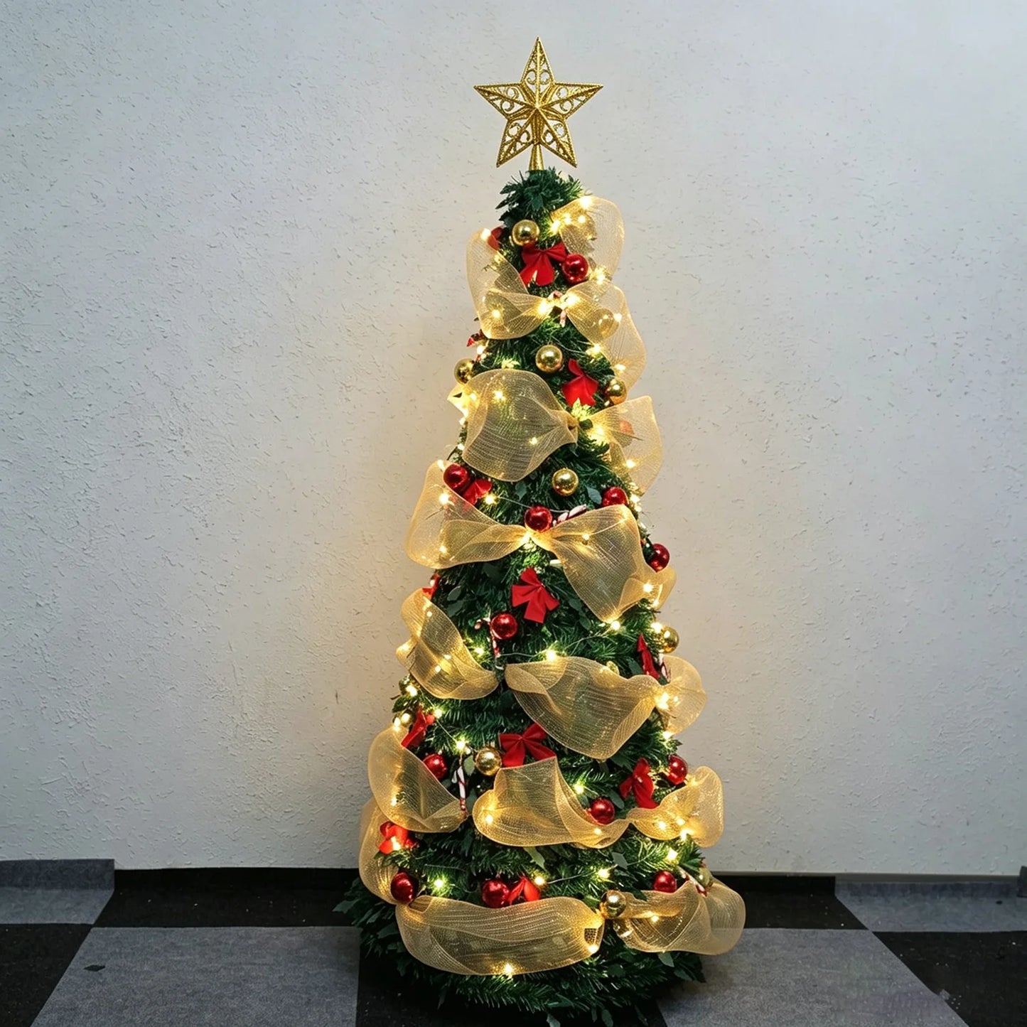 Foldable PVC Christmas Tree 1.5/1.8/2.1M with DIY Ornaments & USB Remote LED String Lights, Retractable Xmas Tree for Home Holid