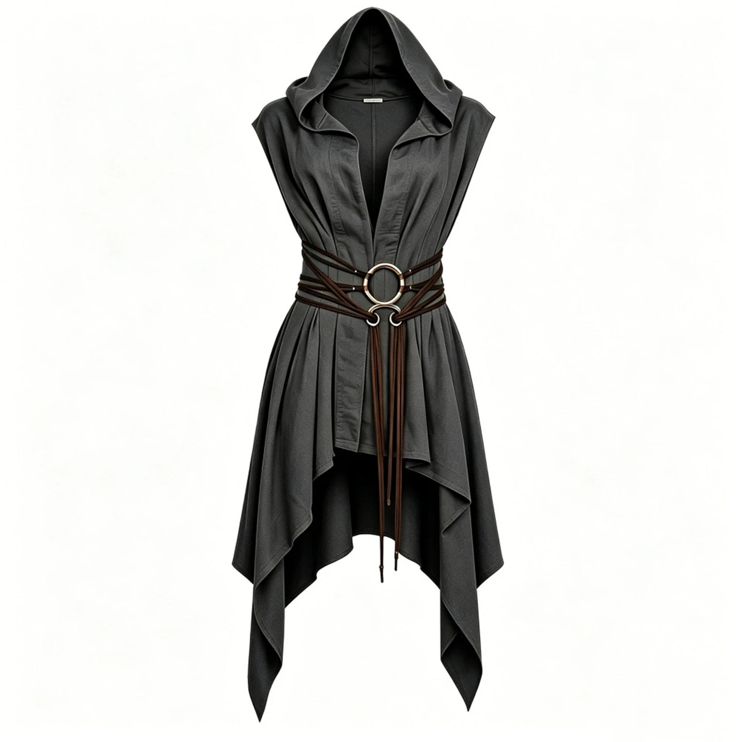 Women Irregular Hem Renaissance Elf Tunic Robe Medieval Ranger Hooded Sleeveless Cloak Belt for LARP Halloween Witch Hunter