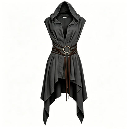 Women Irregular Hem Renaissance Elf Tunic Robe Medieval Ranger Hooded Sleeveless Cloak Belt for LARP Halloween Witch Hunter