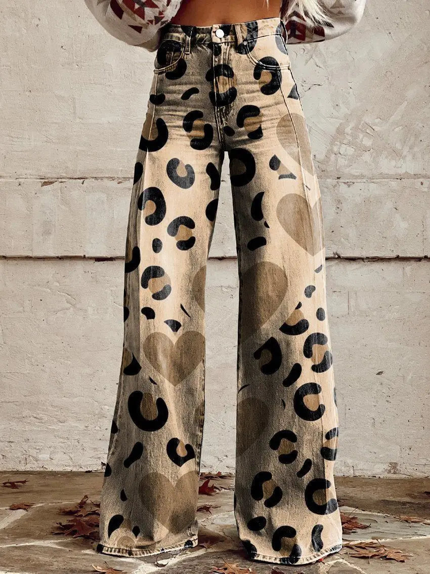 Women's 3D Printed Flare Jeans-Polyester Wide Leg Pants with Distressed Vintage Look, High Waist Comfort Fit for Street Fashion